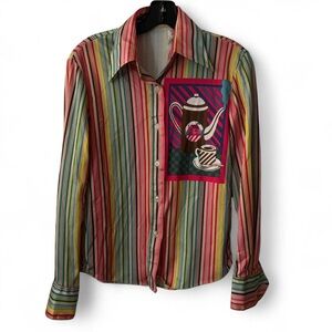 Vintage Striped Button-Up Shirt with Coffeepot